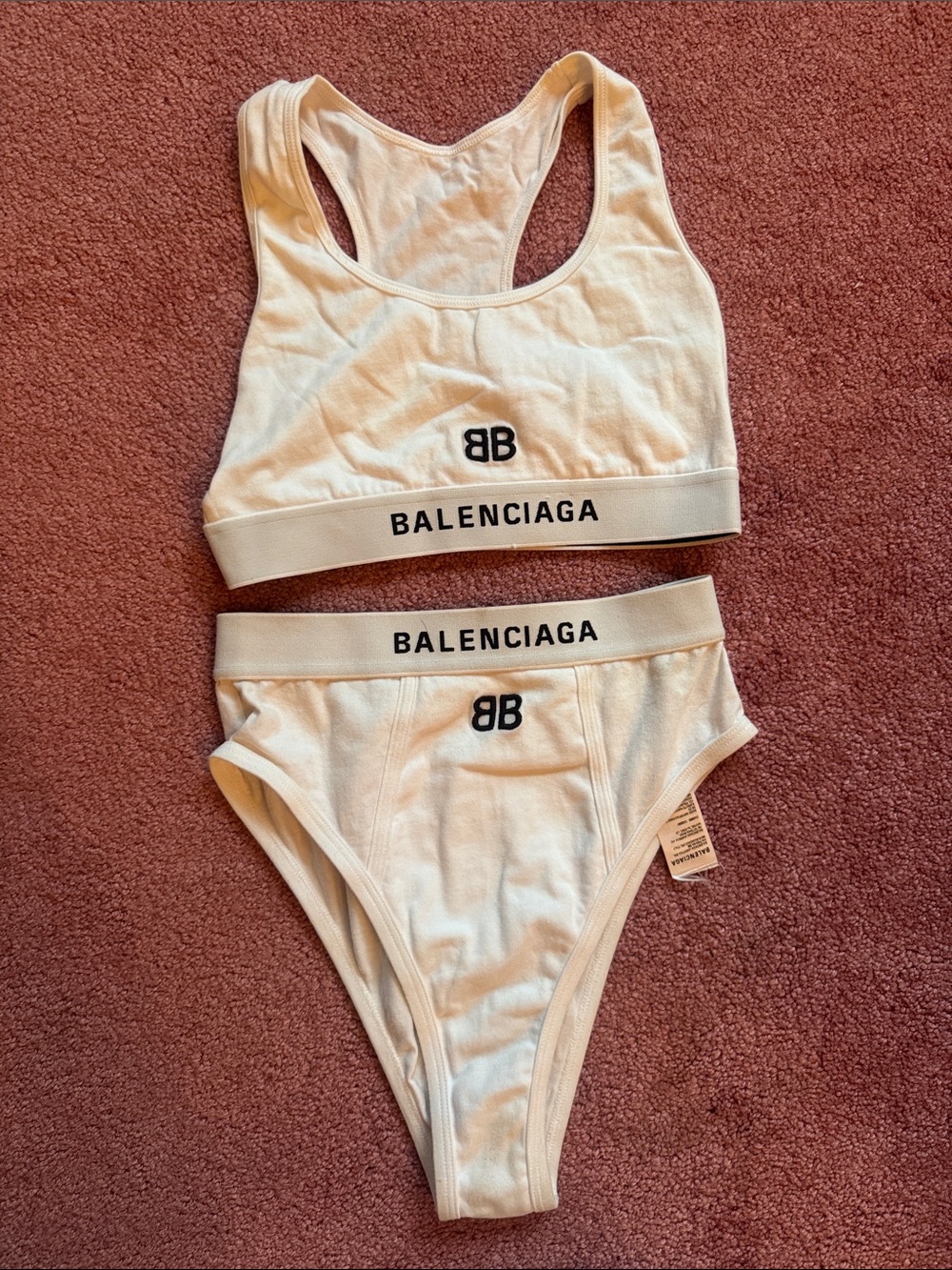 Balenciaga Ivory/Black Logo Sports Bra & Brief Set - Picture 2 of 2